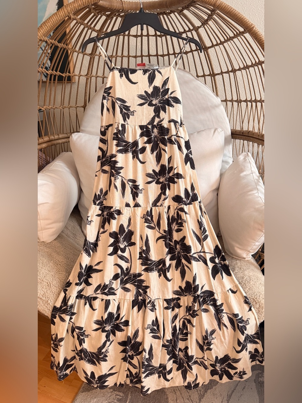 Women’s Cream Floral Tiered Maxi Dress with Black Print